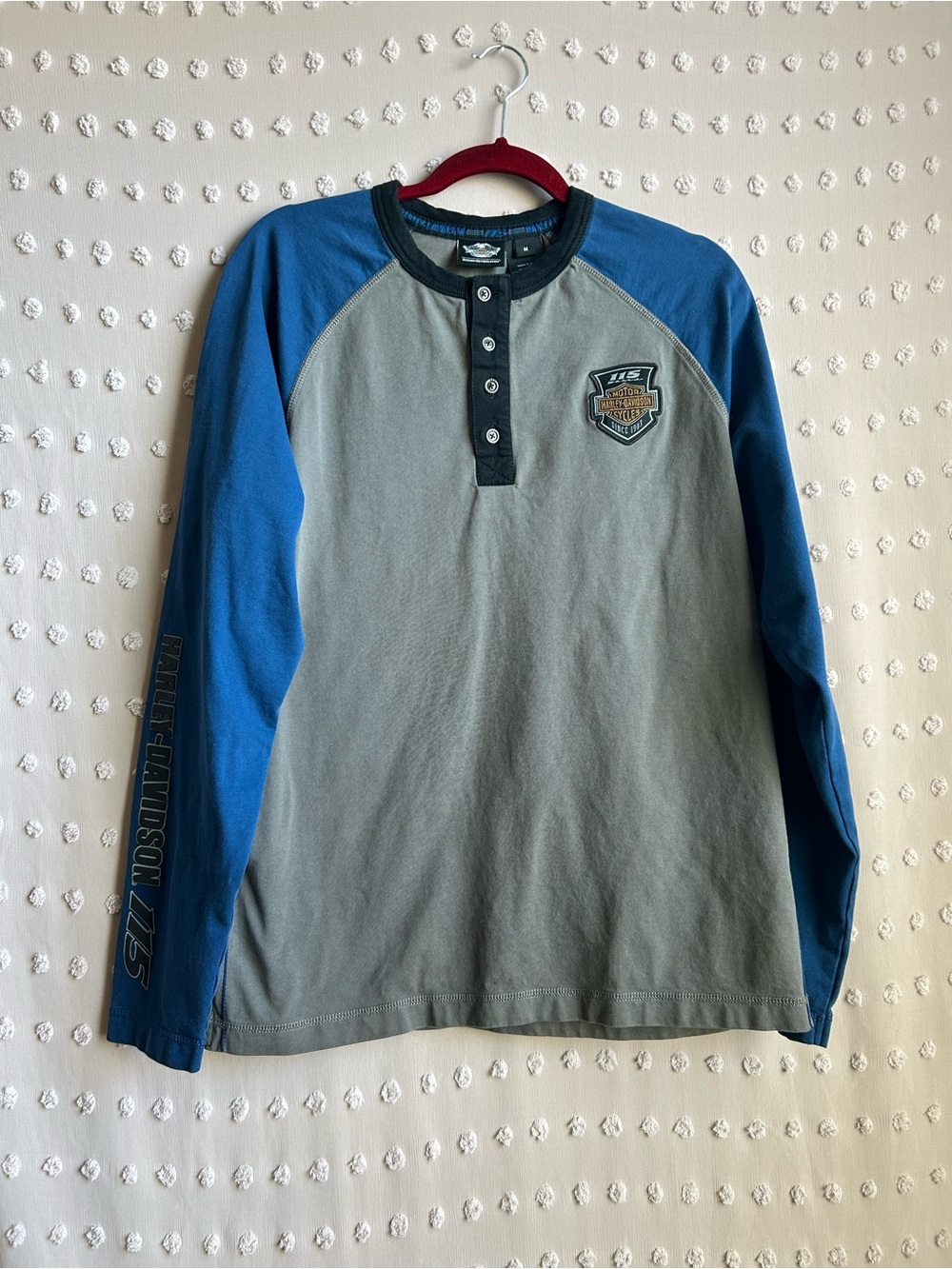 Harley Davidson Men’s 115 Year Anniversary Long Sleeve Tee Cotton Sz M Grey Blue